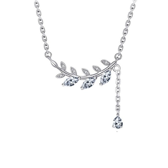 14k Gold Leaf Lab Diamond Tear Drop Necklace Sterling Silver - Picture 10 of 14